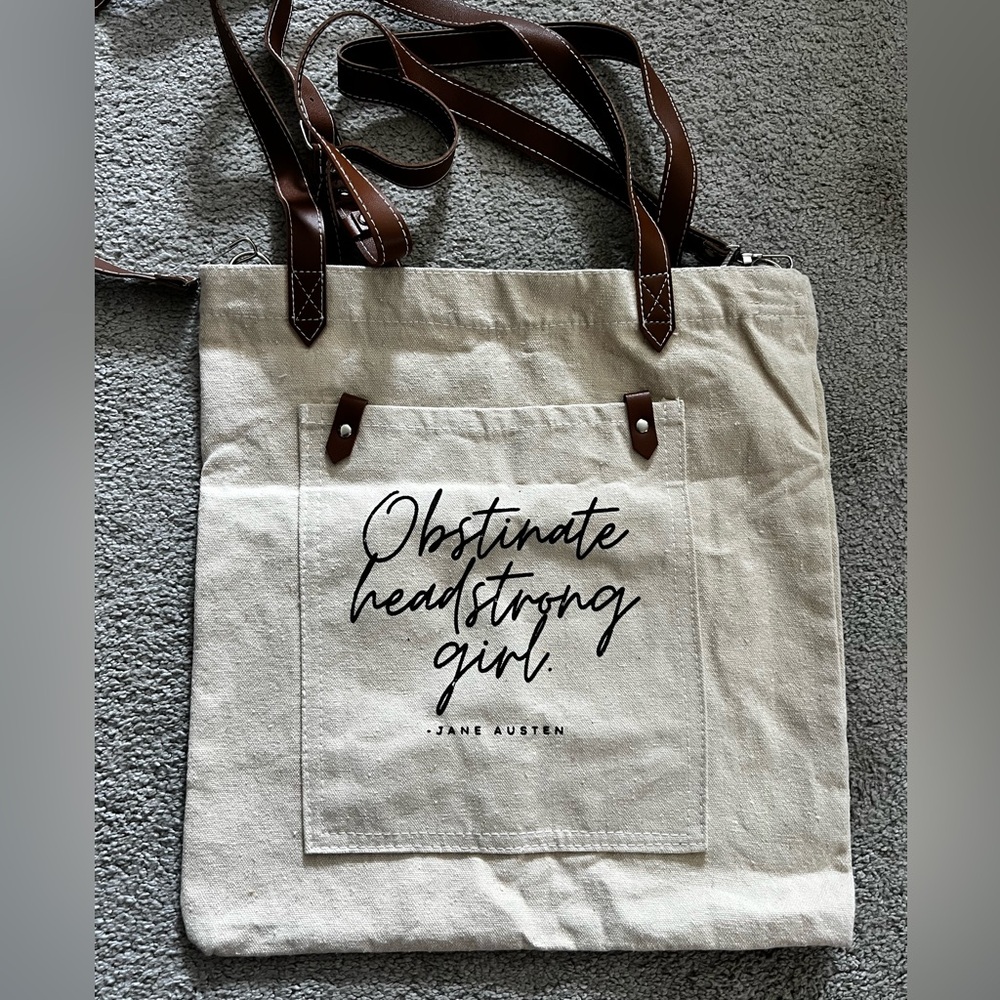 Canvas Tote Bag with Brown Straps front pocket Once Upon a Book Club